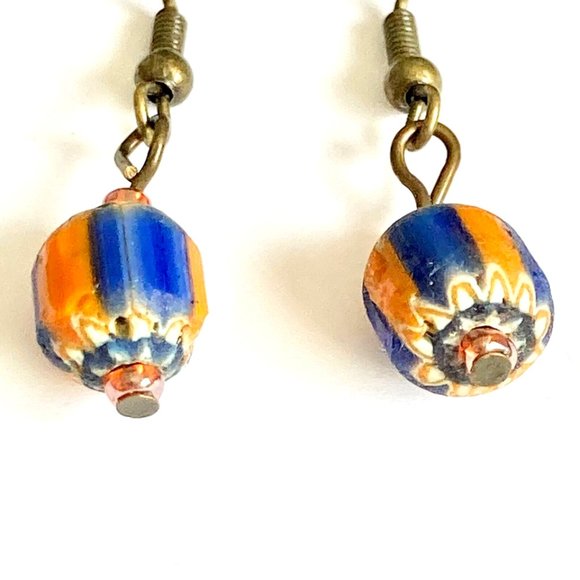 Vtg Murano Glass Bead Earrings Orange Blue White Hand Made Round Gold Tone Italy - Picture 4 of 9